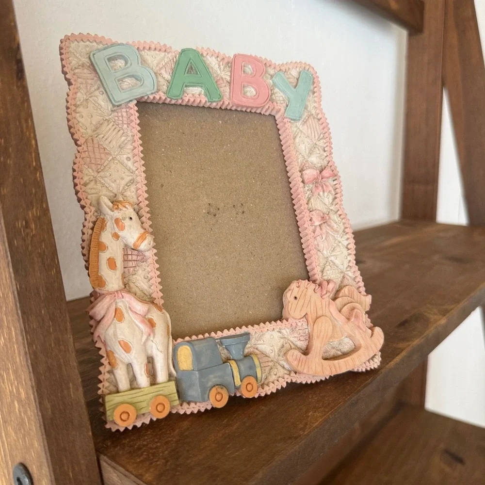 Vintage Baby Picture Frame 3D Giraffe Train Rocking Horse Pastel Nursery Decor